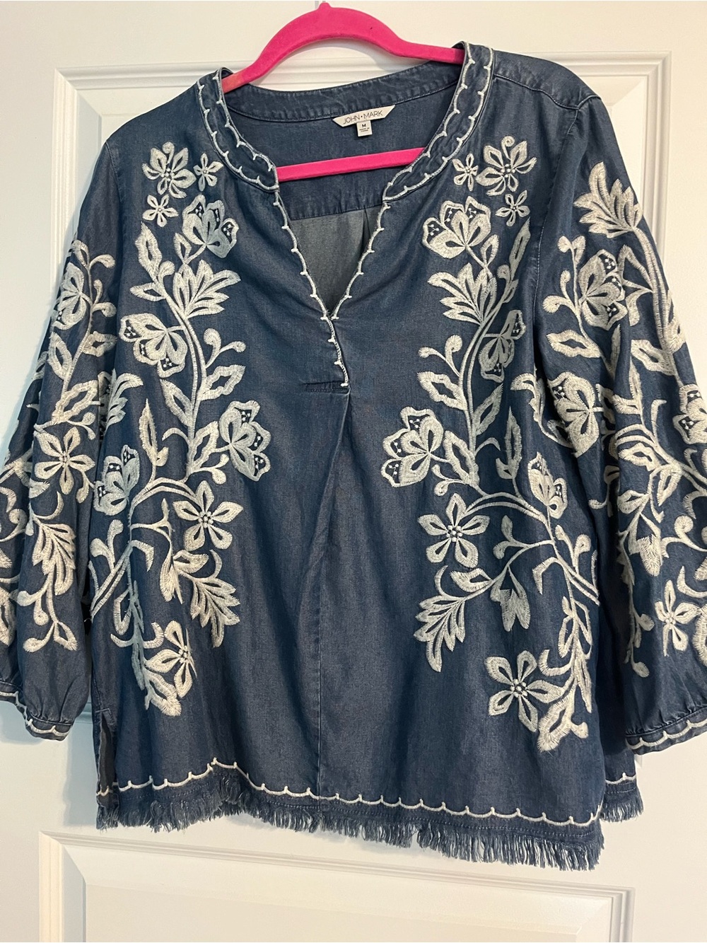 Navy Embroidered Floral Tunic Top - White Stitching